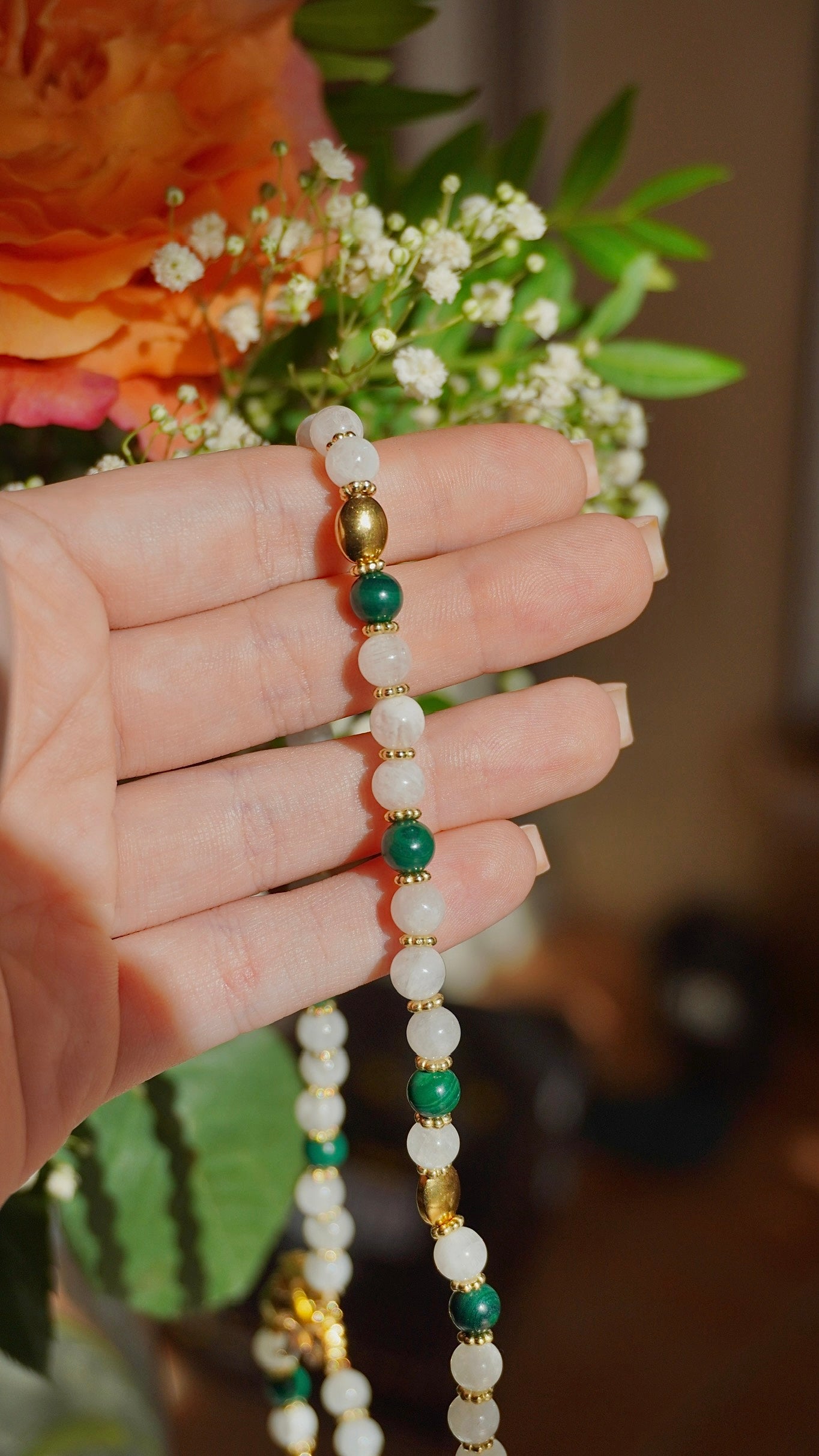 Chapelet pierres naturelles malachite x pierre de lune