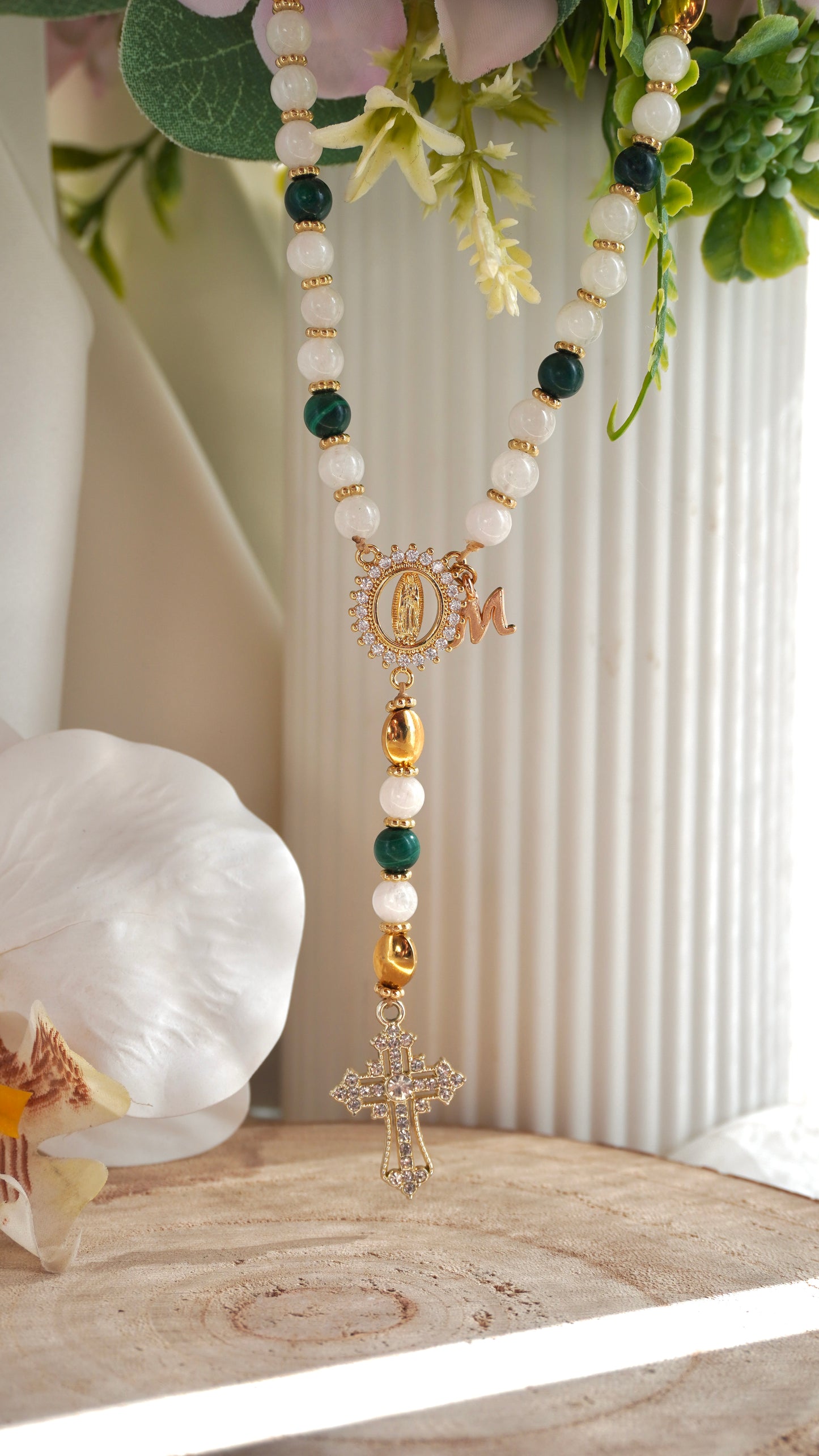 Chapelet pierres naturelles malachite x pierre de lune