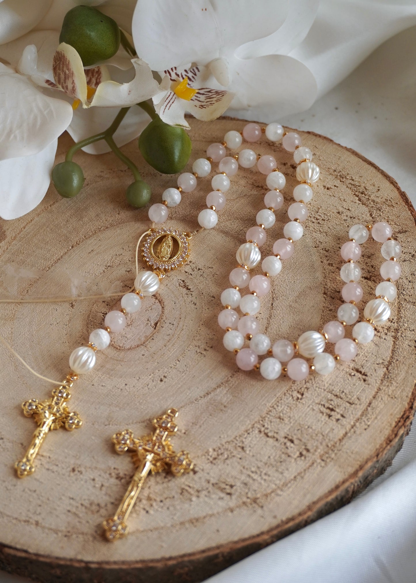 Chapelet pierres naturelles quartz rose x pierre de lune