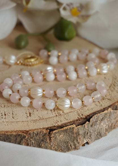 Chapelet pierres naturelles quartz rose x pierre de lune